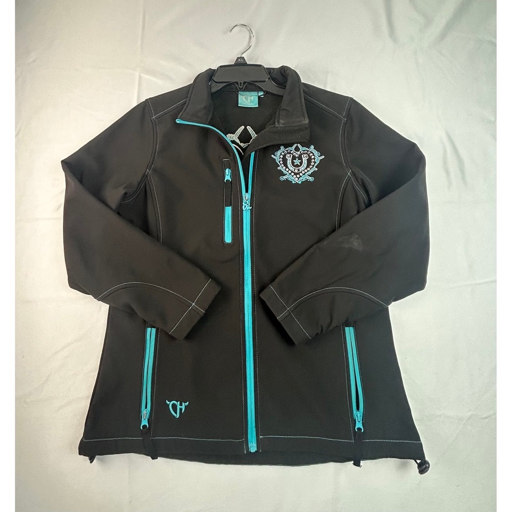 Cowgirl Hardware Women Black Turquoise Rhinestone Horseshoe Softshell Jacket M